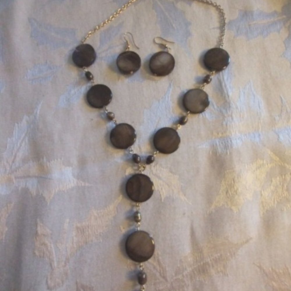 Brown 16" Round Glass Bead Chain w/ 4" Attached Glass Bead Drop & Earring Set